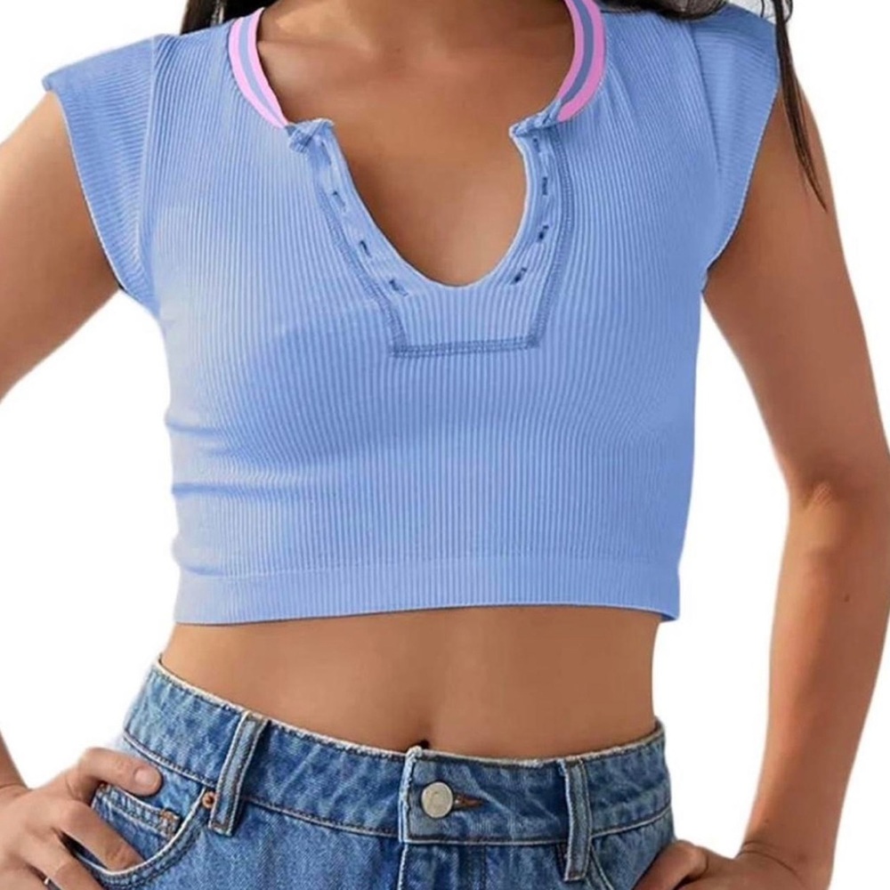 Urban Outfitters Light Blue Ribbed Cropped Henley with Pink Trim